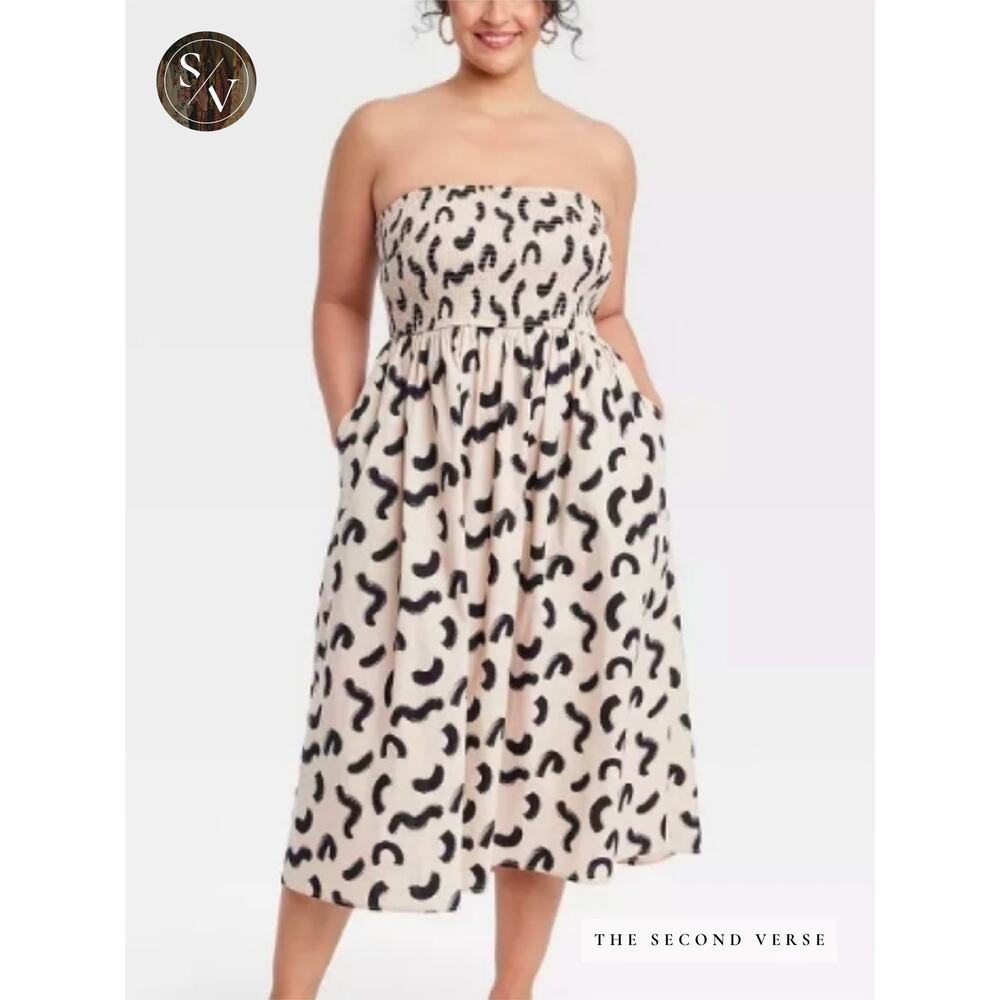 A New Day Strapless Smocked Midi A Line Dress Womens Size XXL Beige Abstract